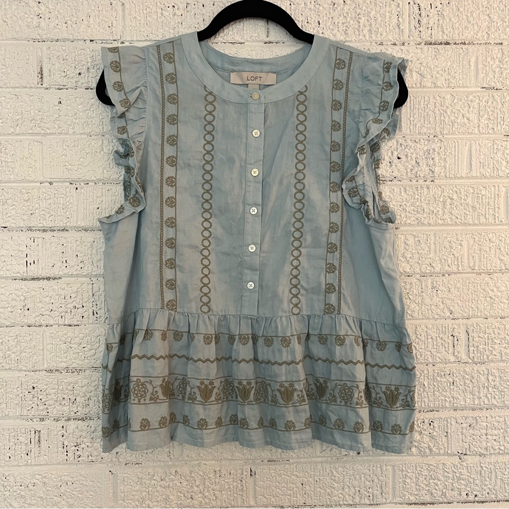 EUC LOFT button down top, light blue with embroidered detail, size medium